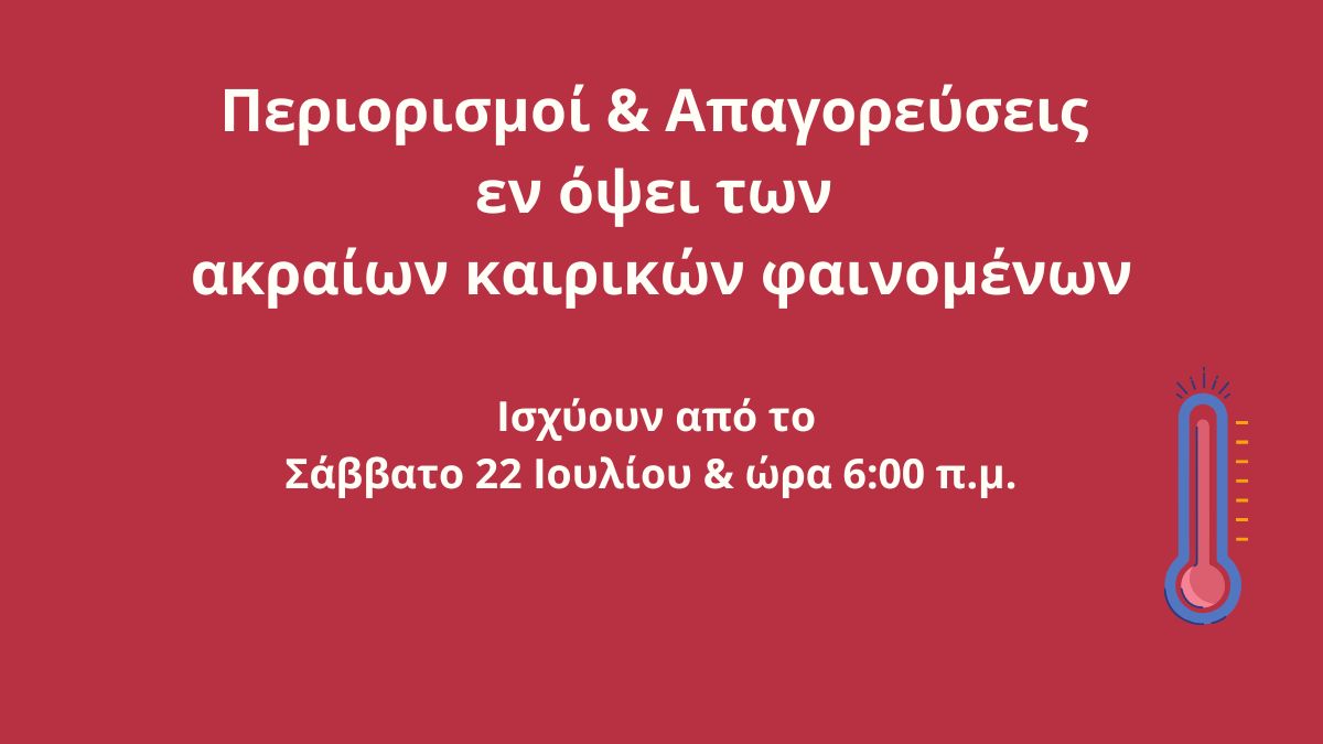 Περιορισμοί & Απαγορεύσεις εν όψει των ακραίων καιρικών φαινομένων – Από αύριο, στις 6:00 π.μ.