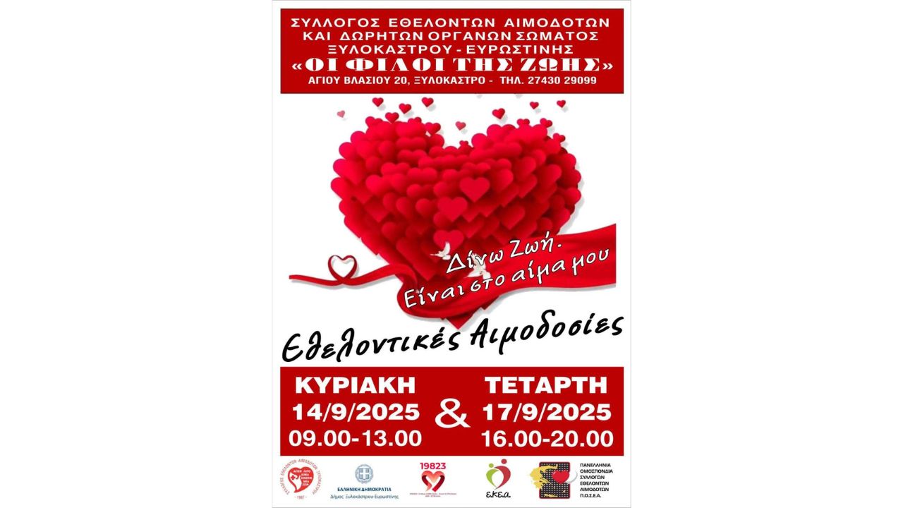 Εθελοντικές Αιμοδοσίες Σεπτεμβρίου στο Ξυλόκαστρο