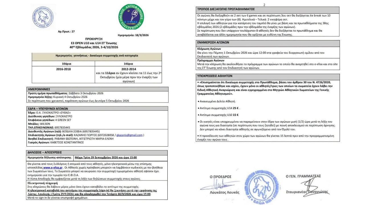 Διοργάνωση Βαθμολογούμενων Πρωταθλημάτων Τένις Ε3 U14 & U10 στο Ξυλόκαστρο
