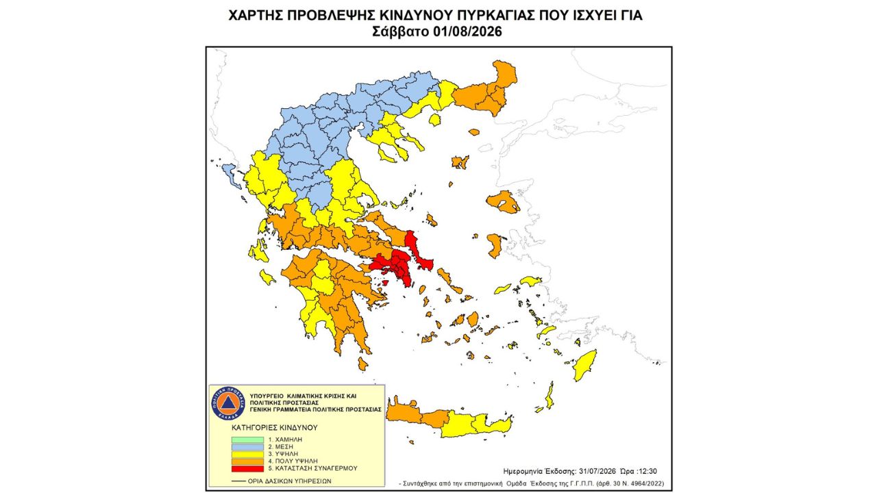 Προσοχή! - Πολύ υψηλός κίνδυνος πυρκαγιάς (κατηγορία κινδύνου 4) για αύριο Σάββατο 1 Αυγούστου 2026