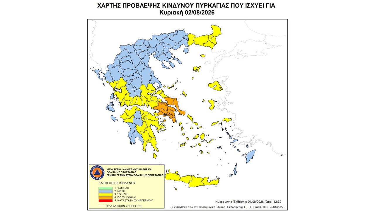 Προσοχή! - Υψηλός κίνδυνος πυρκαγιάς (κατηγορία κινδύνου 3) για αύριο Κυριακή 2 Αυγούστου 2026