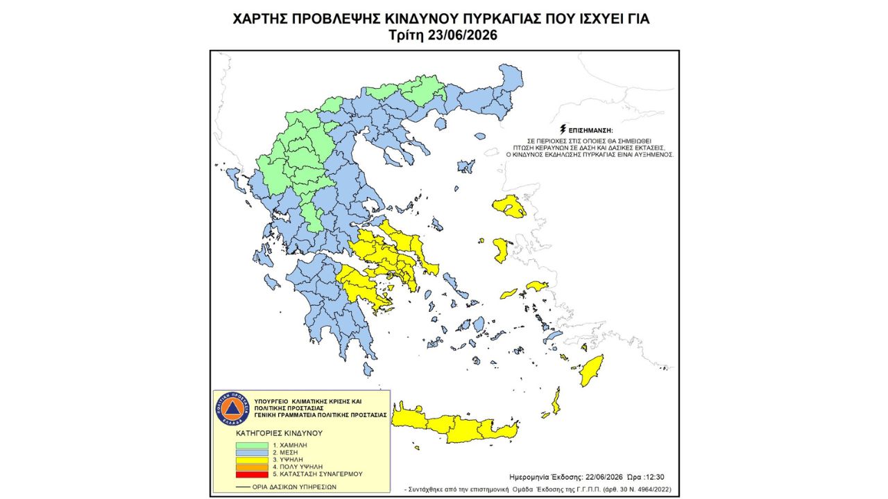 Προσοχή! - Υψηλός κίνδυνος πυρκαγιάς (κατηγορία κινδύνου 3) για αύριο Τρίτη 23 Ιουνίου 2026