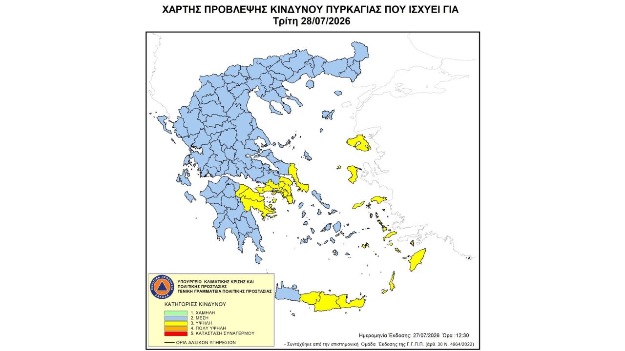 Προσοχή! - Υψηλός κίνδυνος πυρκαγιάς (κατηγορία κινδύνου 3) για αύριο Τρίτη 28 Ιουλίου 2026