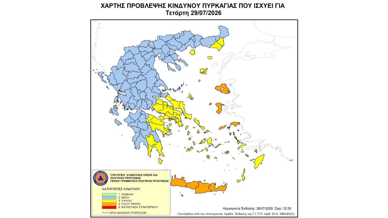 Προσοχή! - Υψηλός κίνδυνος πυρκαγιάς (κατηγορία κινδύνου 3) για αύριο Τετάρτη 29 Ιουλίου 2026